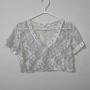 See-Through white Lace Vneck short customized crop top xs/s